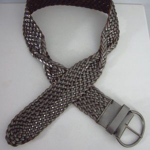 New Gap Womens M Silver Metallic Leather Woven Belt Pewter Buckle 32" - 36"